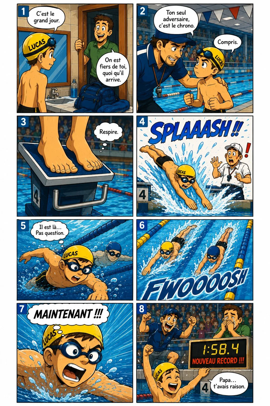 BD 8 cases — Natation Lucas, style cartoon